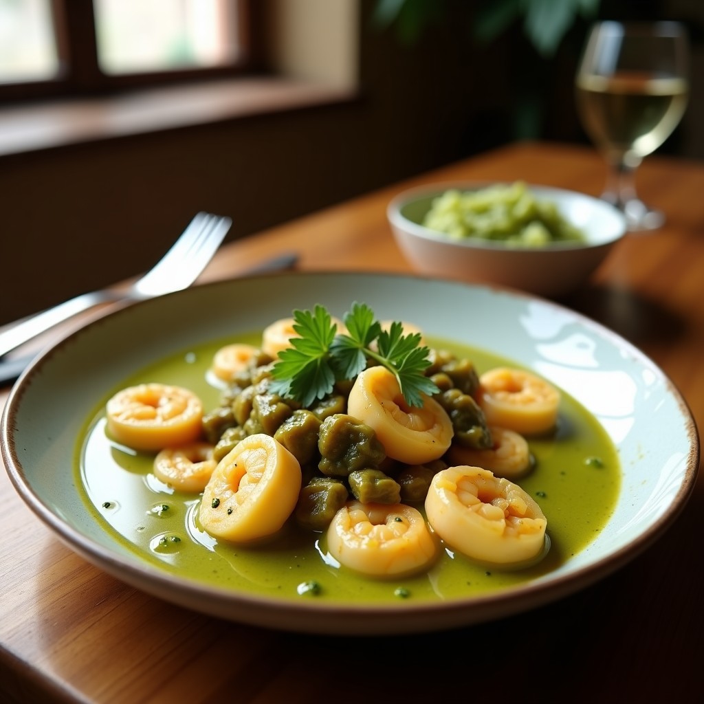 Foto de un curry verde cremoso con camarones y calabacín en un plato tailandés, decorado con hojas de lima kaffir y chile rojo en rodajas finas
