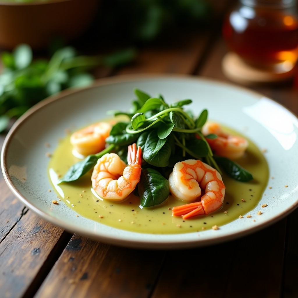 Foto de un curry verde cremoso con camarones y espinacas, servido con arroz jazmín y decorado con albahaca tailandesa fresca. Curry verde tailandés con camarones y espinacas