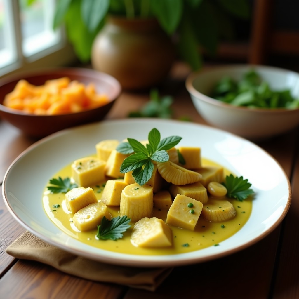 Foto de un curry verde cremoso de pollo y bambú en un plato, con ingredientes frescos y aromáticos alrededor, lista para ser servida