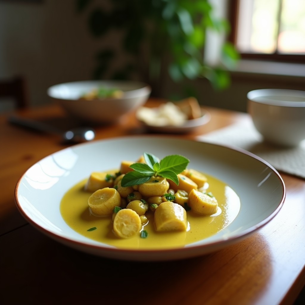 Foto de un curry verde cremoso de pollo y berenjena tailandés en un plato, con ingredientes frescos alrededor. Curry verde cremoso de pollo y berenjena