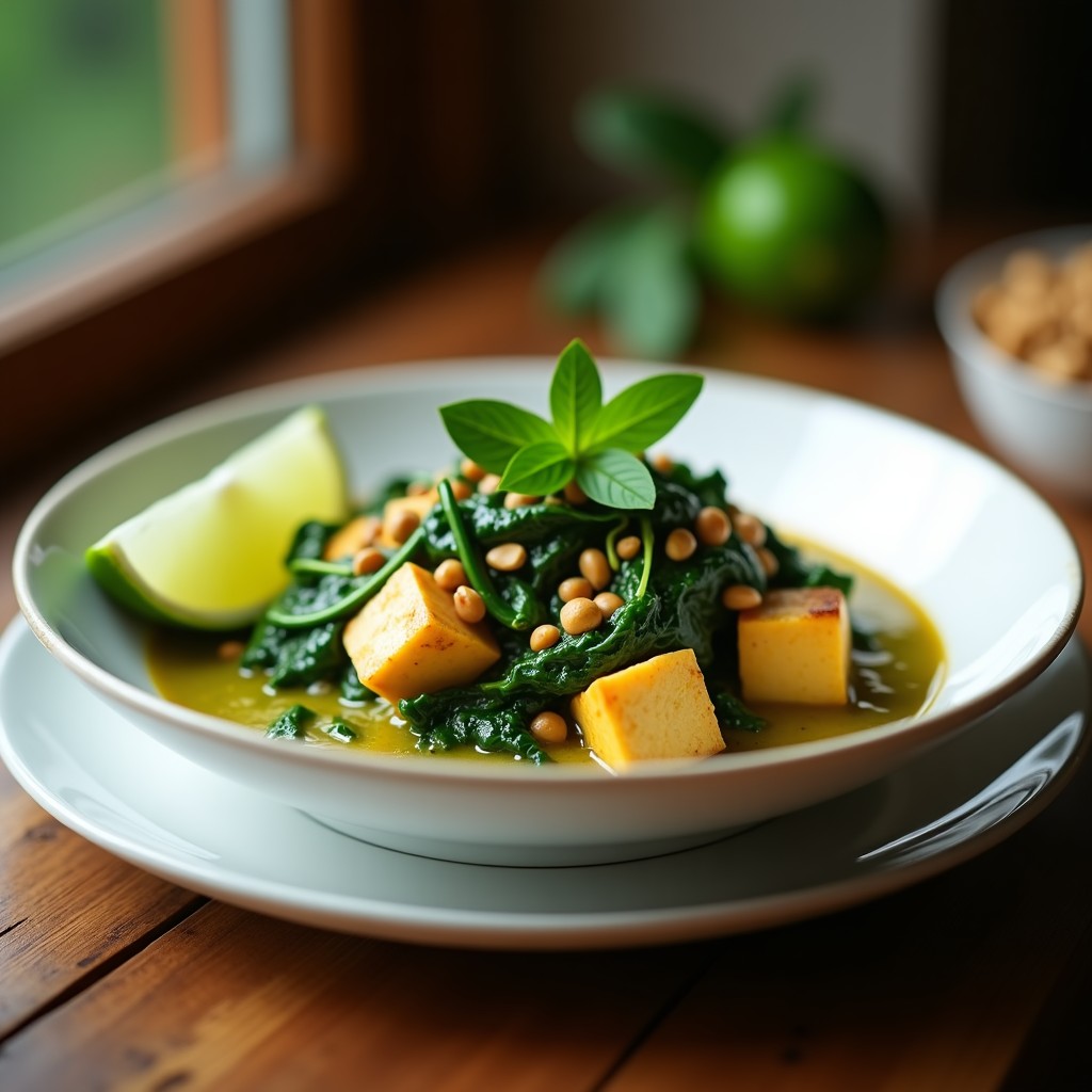 Plato hondo de cerámica blanca con curry verde tailandés, tofu dorado, espinacas frescas y cacahuetes tostados, decorado con hojas de albahaca y rodajas de limón.