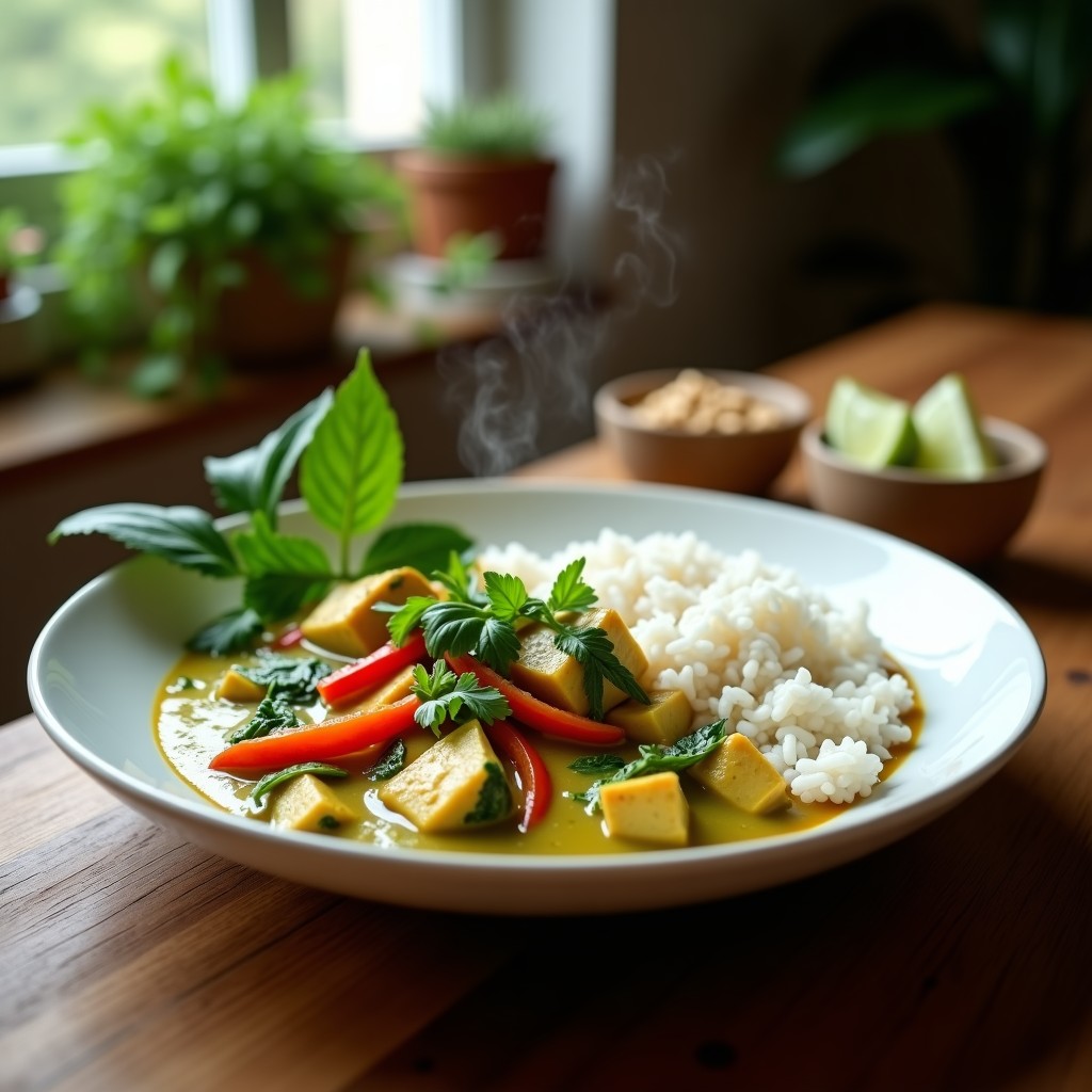 Plato hondo de cerámica blanca con curry verde cremoso, tofu sedoso en cubos, espinacas frescas y cilantro picado, acompañado de arroz basmati. Receta de curry verde con espinacas y tofu en Thermomix.