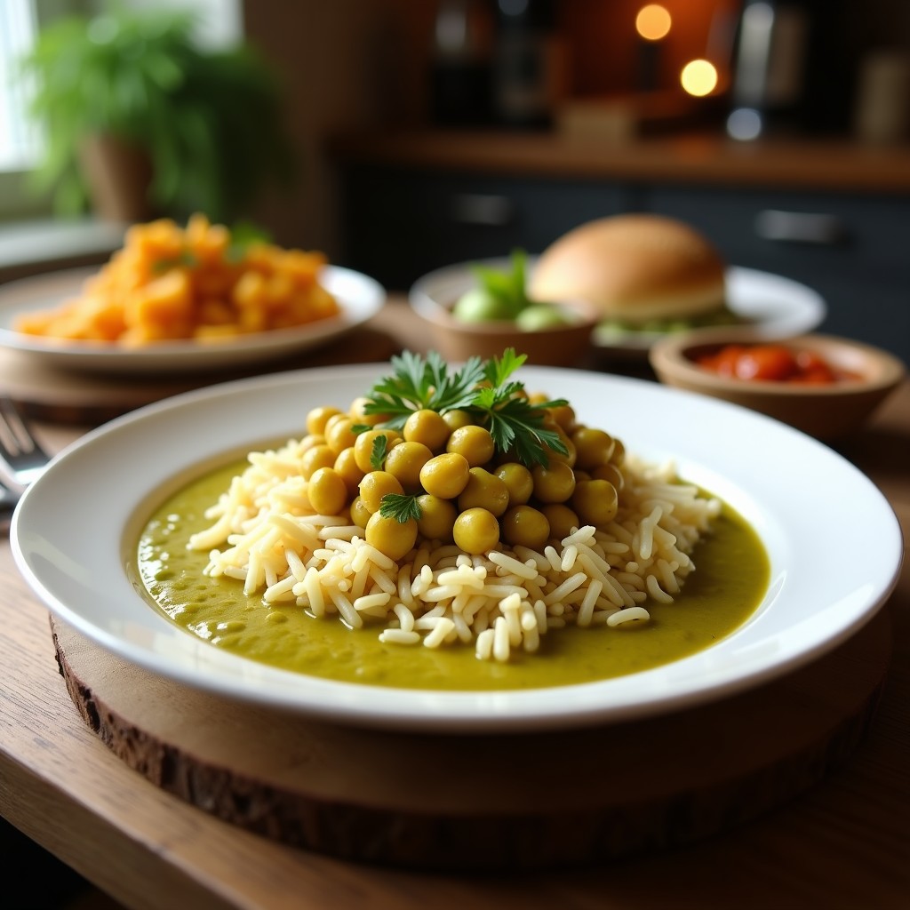 Foto de un plato de curry verde cremoso con garbanzos y berenjena sobre arroz basmati, decorado con hojas de lima kaffir y albahaca tailandesa