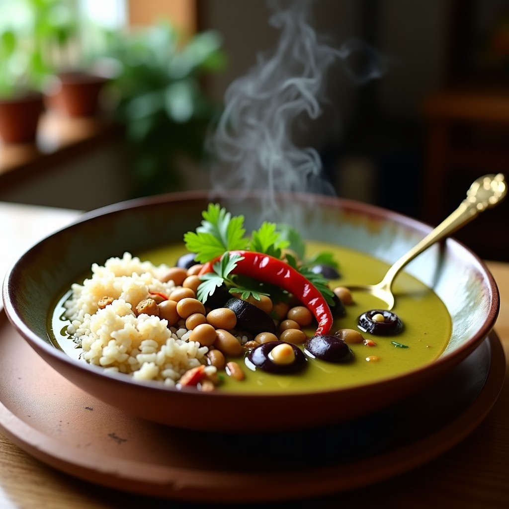 Bol hondo de cerámica negra con curry verde tailandés vegano, garnacha dorada, berenjenas tiernas y salsa de coco cremosa, decorado con cilantro fresco y cacahuetes tostados. Plato de fondo oscuro con texturas vibrante.