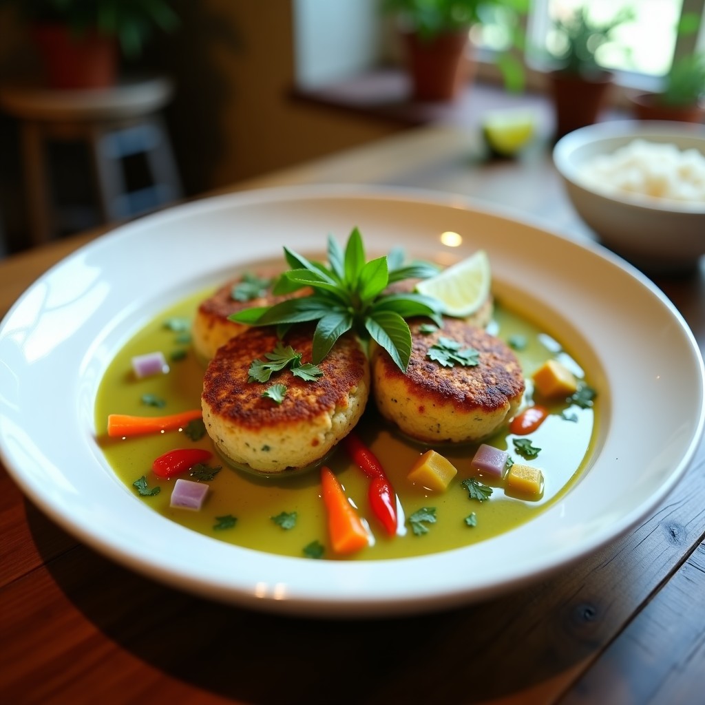 Plato hondo de cerámica blanca con curry verde tailandés cremoso, hamburguesas doradas de jackfruit desmenuzado, trozos de pimiento rojo y zanahoria, decorado con hojas de albahaca tailandesa y cilantro fresco. Acompañado de arroz basmati y rodaja de limón.
