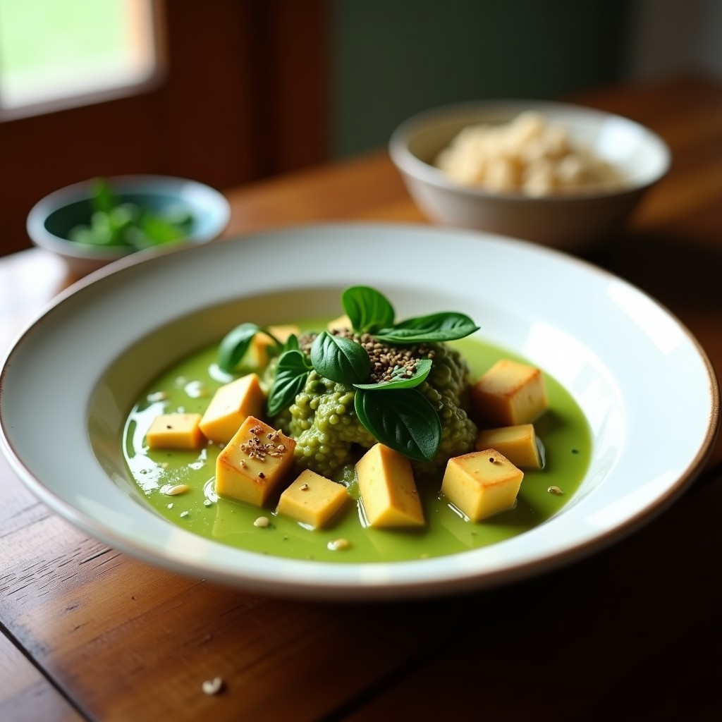 Plato hondo de cerámica blanca con curry verde japonés espeso, tofu dorado en cubos, espinacas frescas y un toque de matcha en polvo espolvoreado. Acompañado de arroz integral y decorado con semillas de sésamo.