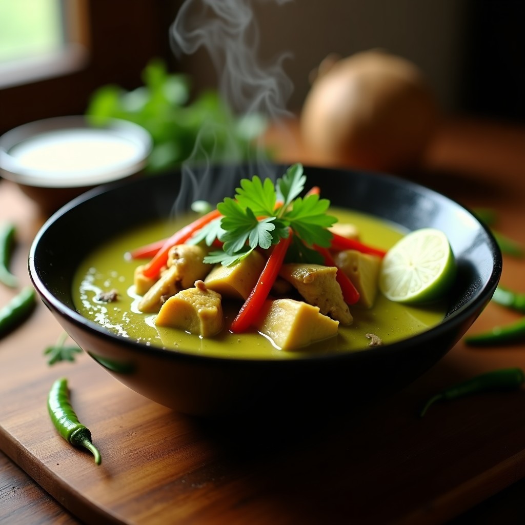 Bowl de cerámica negra con curry verde tailandés cremoso, trozos de pollo, pimiento rojo y hierba limón, decorado con cilantro fresco. Receta de curry verde en airfryer.