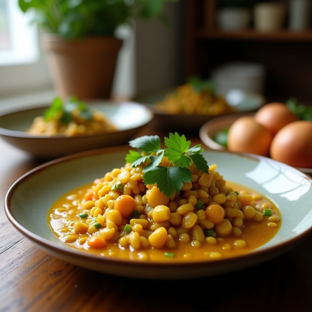 Plato hondo de cerámica blanca con curry verde de lentejas rojas y coco, servido con rodajas de pimiento verde, cebolla morada y hojas de albahaca fresca, acompañado de arroz jazmín.