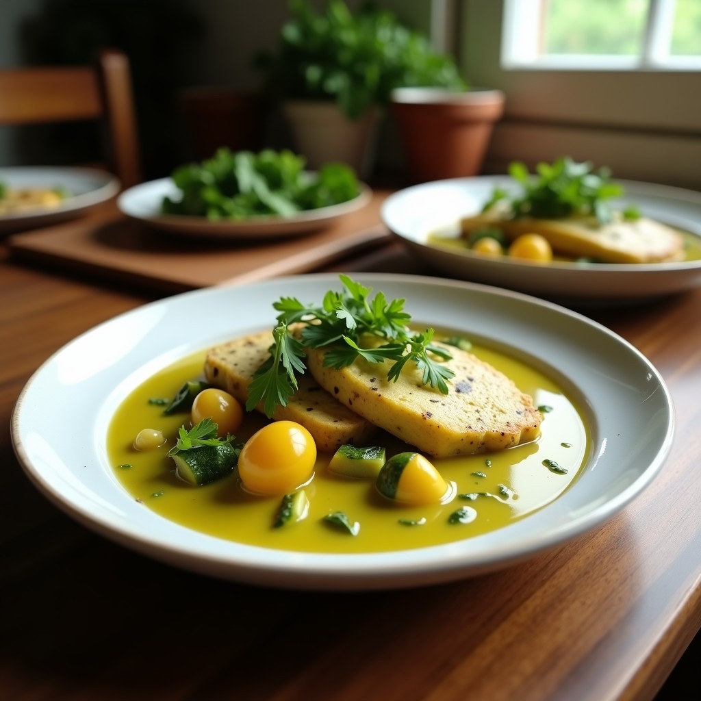 Foto de un curry verde cremoso de pavo con verduras, servido en un plato tailandés, con un fondo de madera y decorado con hojas de albahaca tailandesa