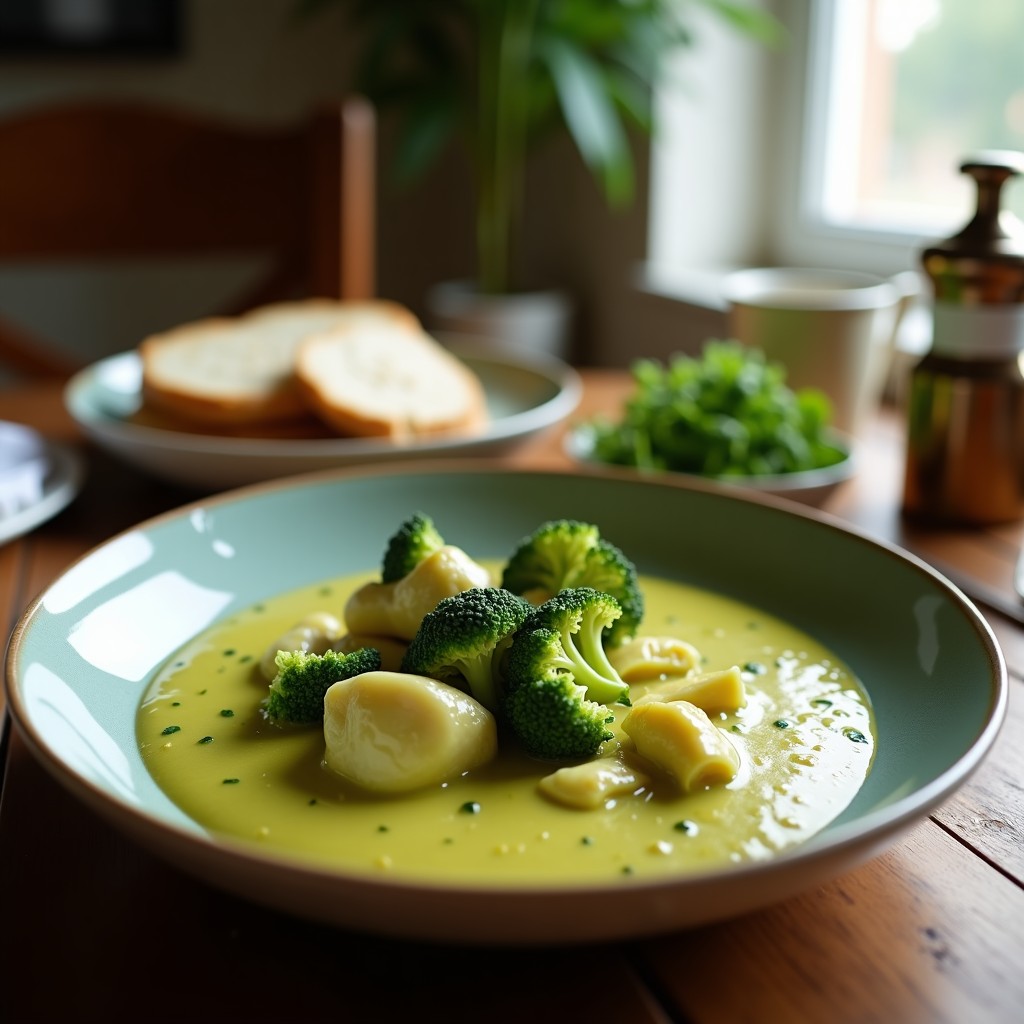 Foto de un delicioso curry verde cremoso de pavo y brócoli en un plato, lista para servir. Curry Verde Cremoso de Pavo y Brócoli