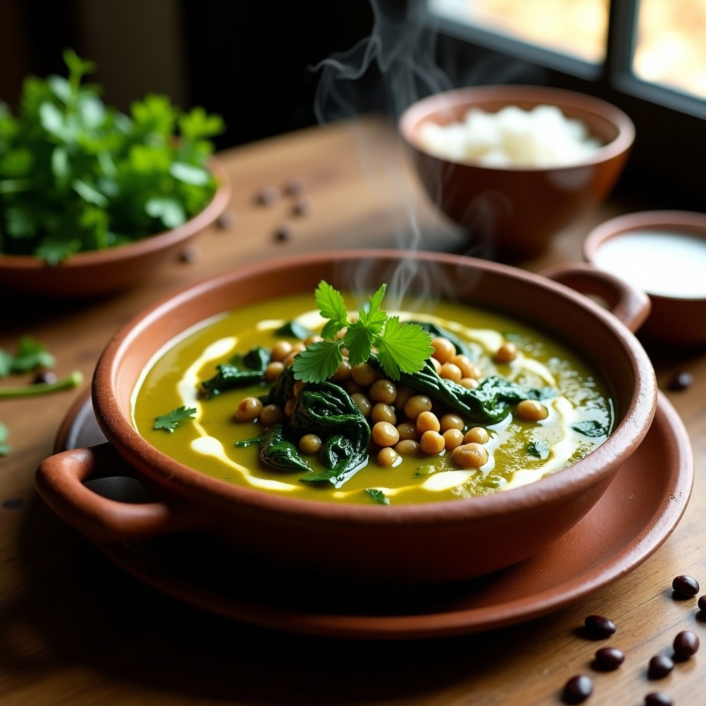 Cazuela de barro con curry verde peruano espeso, lentejas pardinas y espinacas frescas, decorado con cilantro picado y un chorrito de leche de coco.