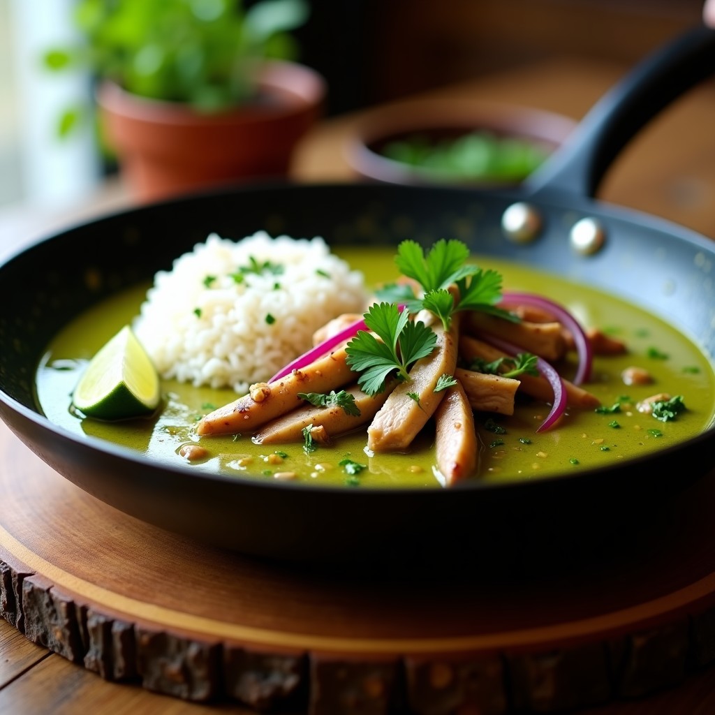 Wok negro con curry verde peruano espeso, lomo de cerdo en tiras doradas, rodajas de cebolla morada y huacatay fresca, acompañado de arroz basmati blanco.