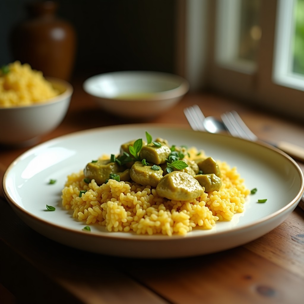 Foto de un delicioso curry verde cremoso de pollo y espinacas servido con arroz jazmín, lista para comer