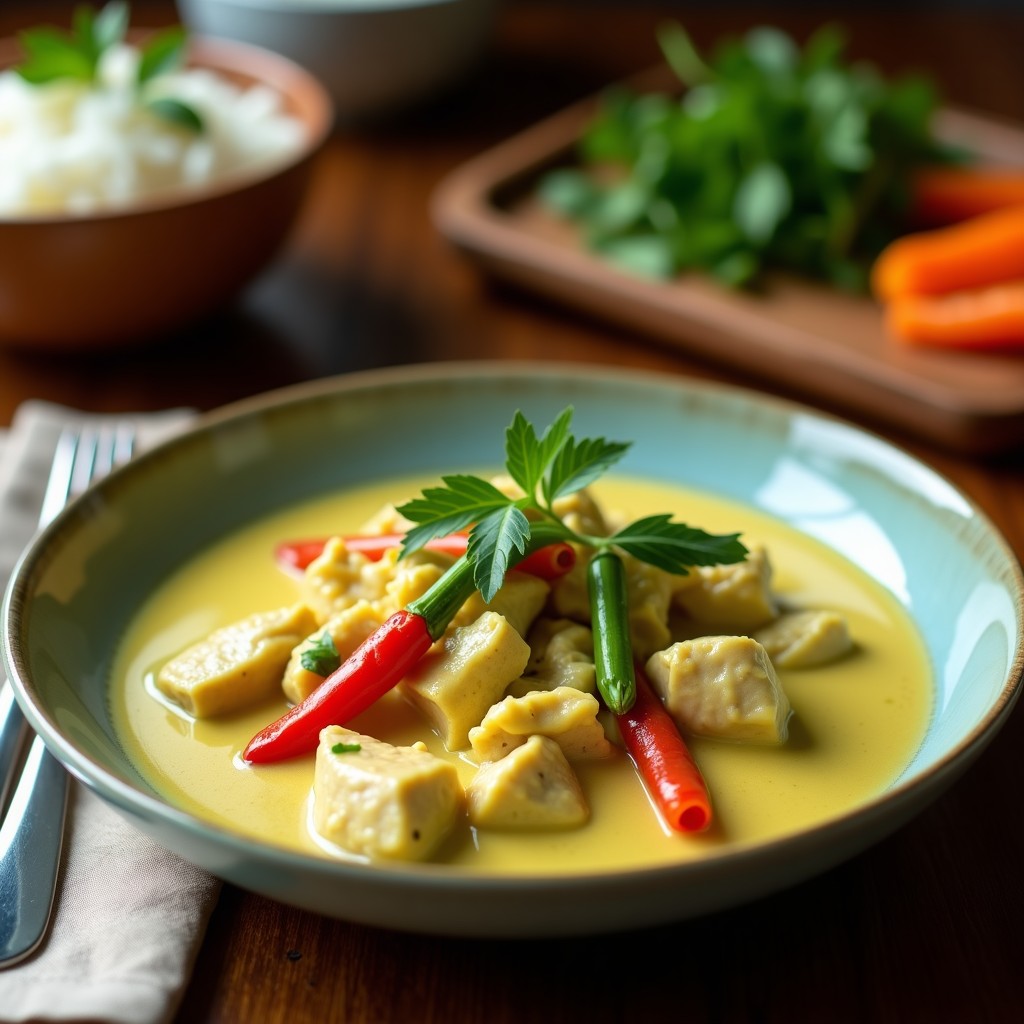 Foto de un curry verde cremoso de pollo y pimiento verde tailandés en un plato, con ingredientes frescos alrededor. Curry verde cremoso de pollo y pimiento verde