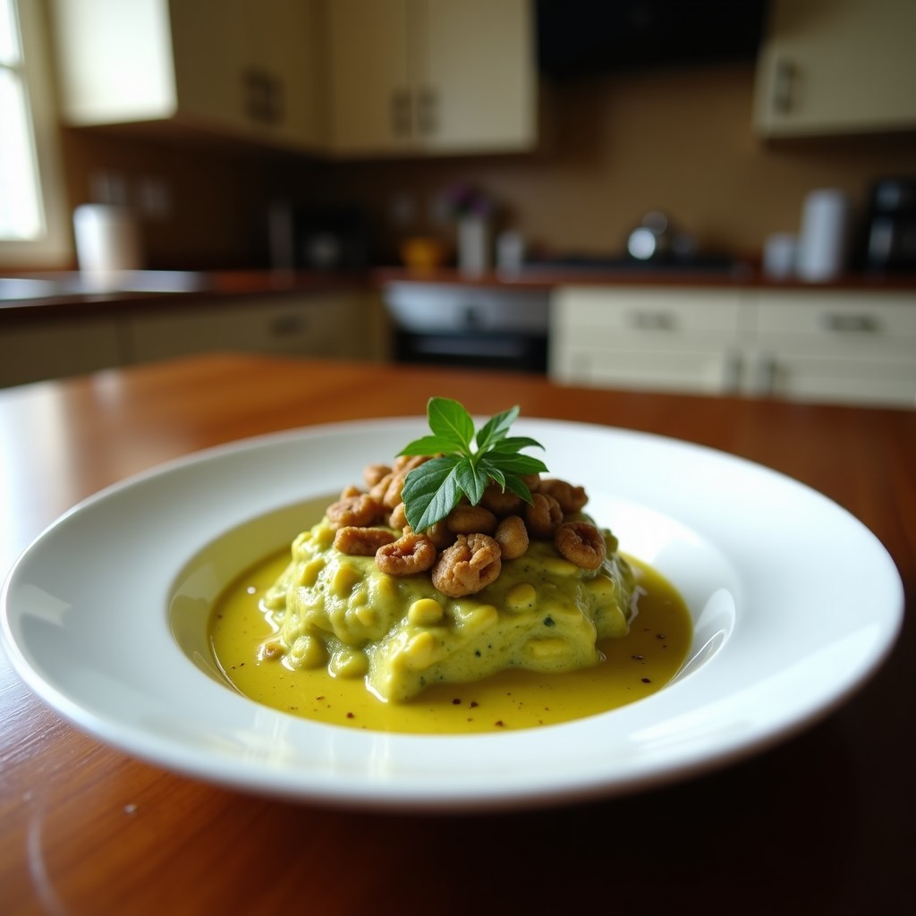 Plato hondo de cerámica blanca con curry verde tailandés cremoso, trozos de pollo, berenjena y pimiento rojo, decorado con hojas de albahaca tailandesa y una rodaja de lima.