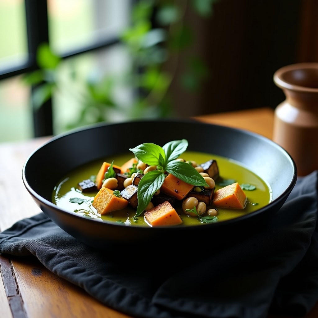 Plato hondo de cerámica oscura con curry verde tailandés espeso, lleno de trozos de berenjena ahumada dorada, pimientos rojos y cilantro fresco. Fondos verdes intensos de la salsa y un toque de leche de coco en la superficie.