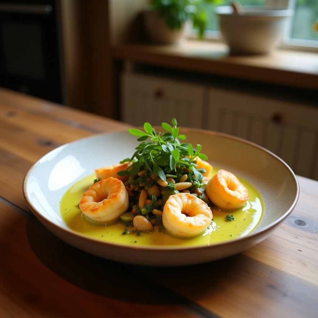Curry Verde Tailandés Cremoso con Camarones y Verduras Crujientes