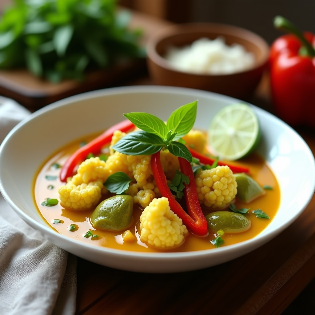 Plato hondo de cerámica blanca con curry verde tailandés cremoso, trozos de pollo dorado, coliflor y pimiento rojo, decorado con hojas de albahaca tailandesa. Receta en airfryer sin lactosa.