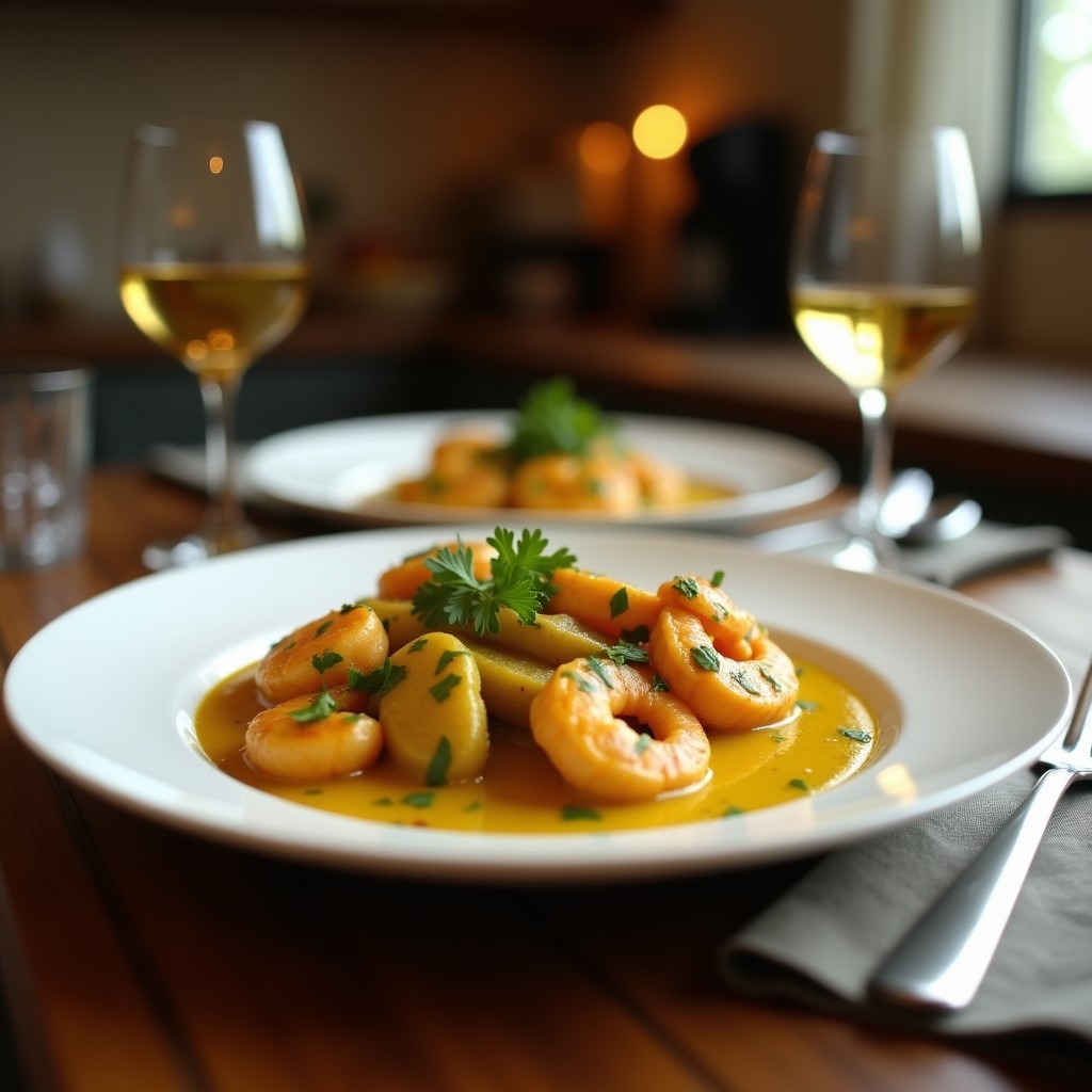 Bol hondo de cerámica negra con curry verde tailandés cremoso, gambas rosadas, rodajas de pimiento rojo y hierbas frescas, servido con arroz jazmín.