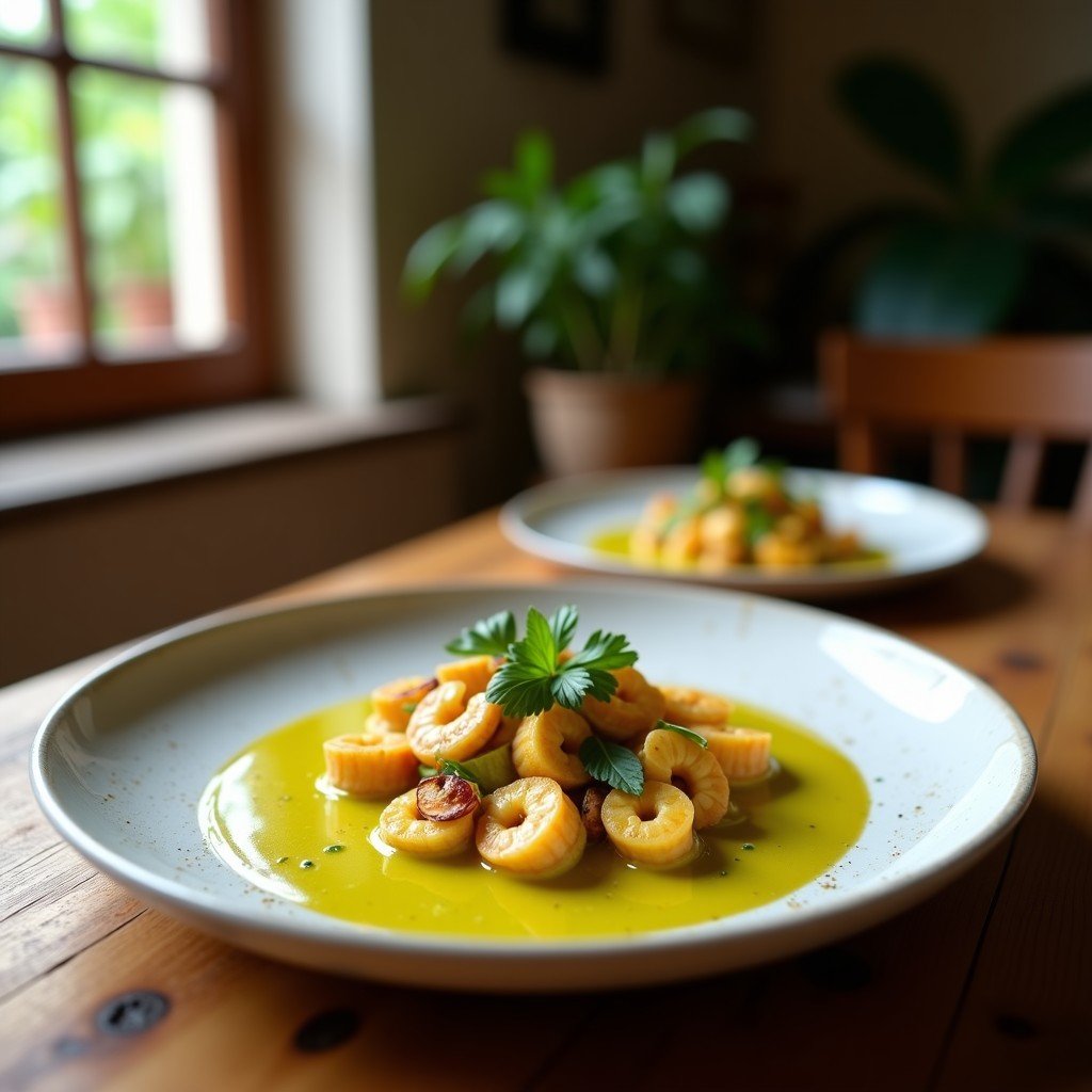 Foto de un plato de curry verde tailandés con gambas y berenjena, servido en un tazón de madera con hojas de lima kaffir frescas y chile rojo en rodajas finas para decorar. Curry verde tailandés con gambas y berenjena