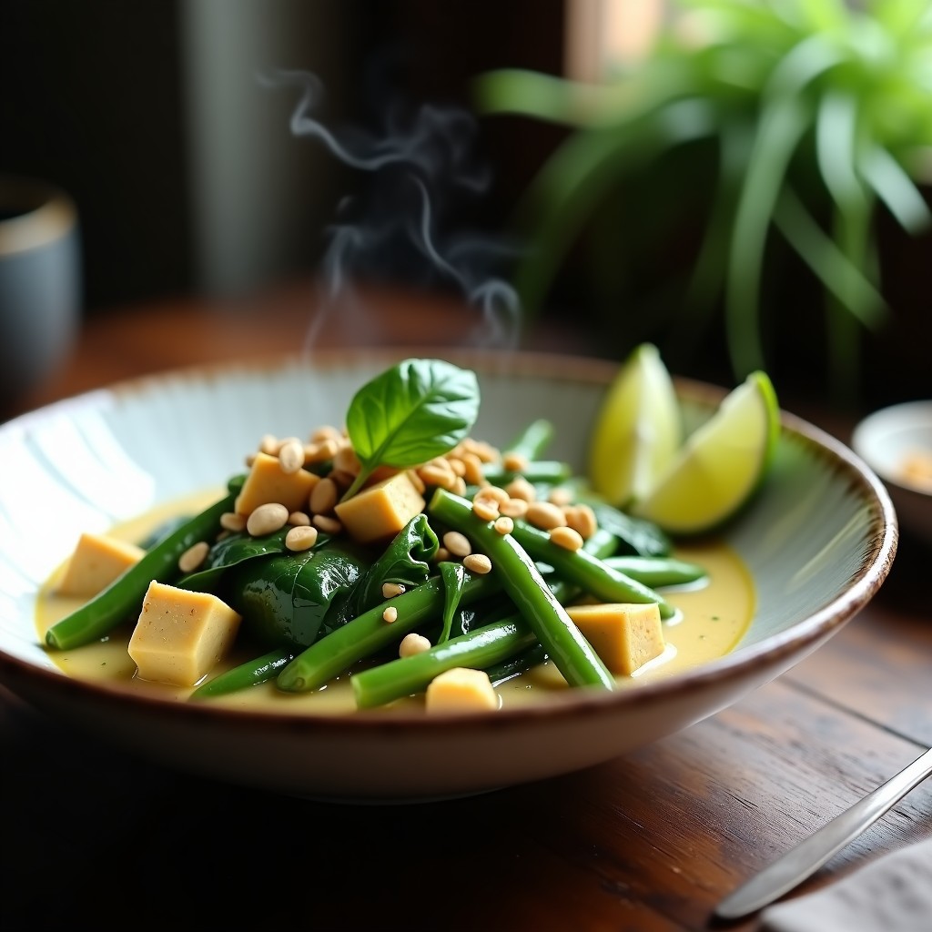 Plato hondo de cerámica blanca con Curry Verde Tailandés, garnzas tiernas, espinacas vibrantes y tofu dorado, acompañado de cacahuetes picados y hojas de albahaca tailandesa fresca. Receta de olla lenta alta en proteína.