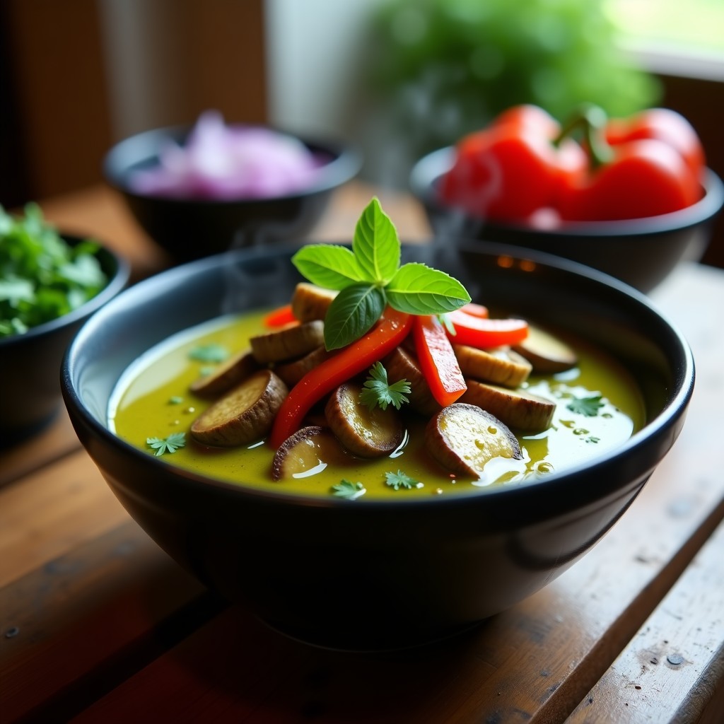 Bol de cerámica negro con curry verde tailandés cremoso, hongos portobello dorados, rodajas de pimiento rojo y cebolla morada, decorado con hojas de albahaca tailandesa y cilantro fresco sobre un fondo de madera rústica.