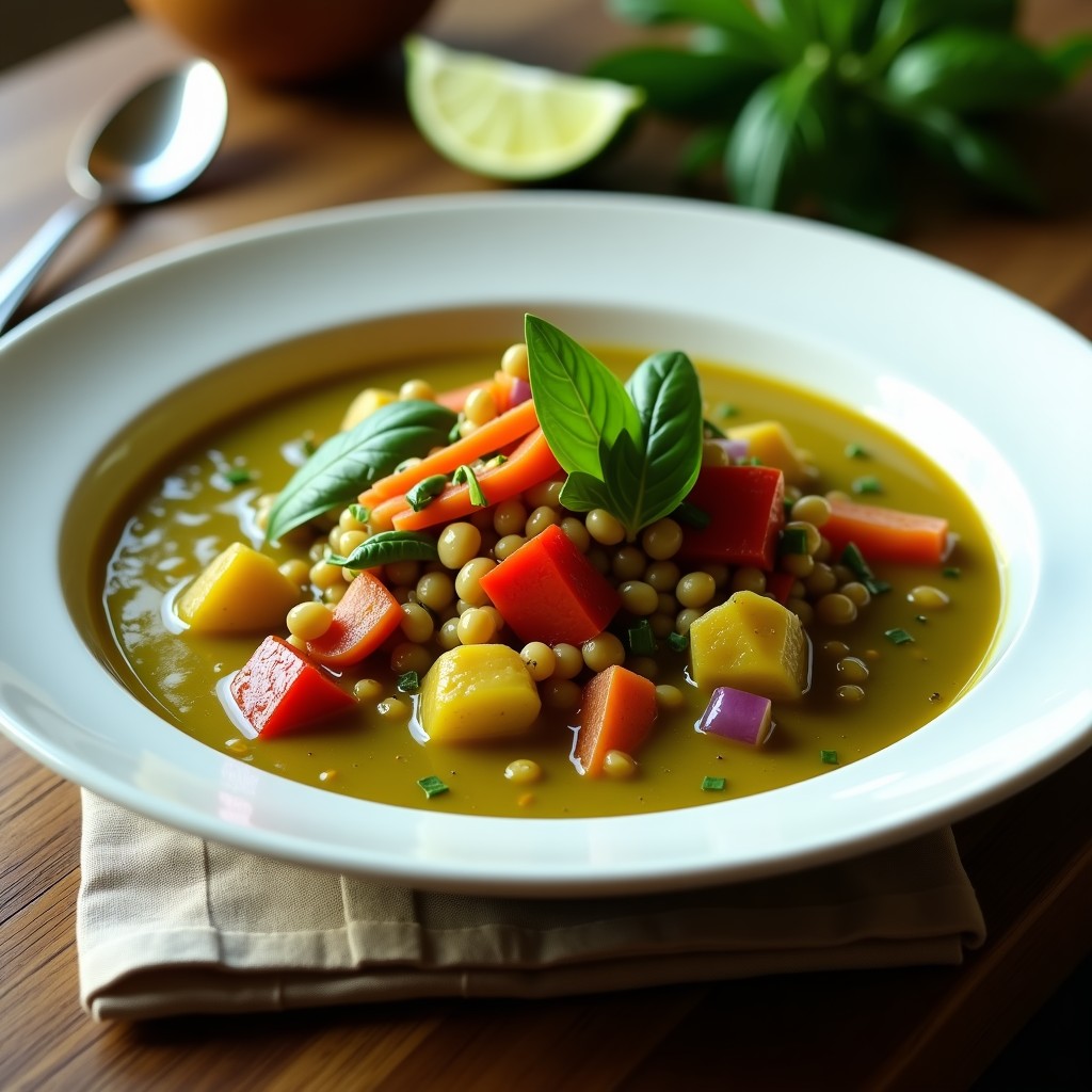 Plato hondo de cerámica blanca con curry verde tailandés cremoso, lentejas rojas y verduras en juliana, decorado con hojas de albahaca fresca y rodajas de limón.