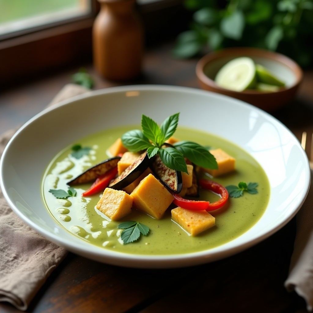 Plato hondo de cerámica blanca con curry verde tailandés cremoso, tofu dorado, berenjena y pimiento rojo, decorado con hojas de albahaca y rodajas de lima sobre fondo oscuro.