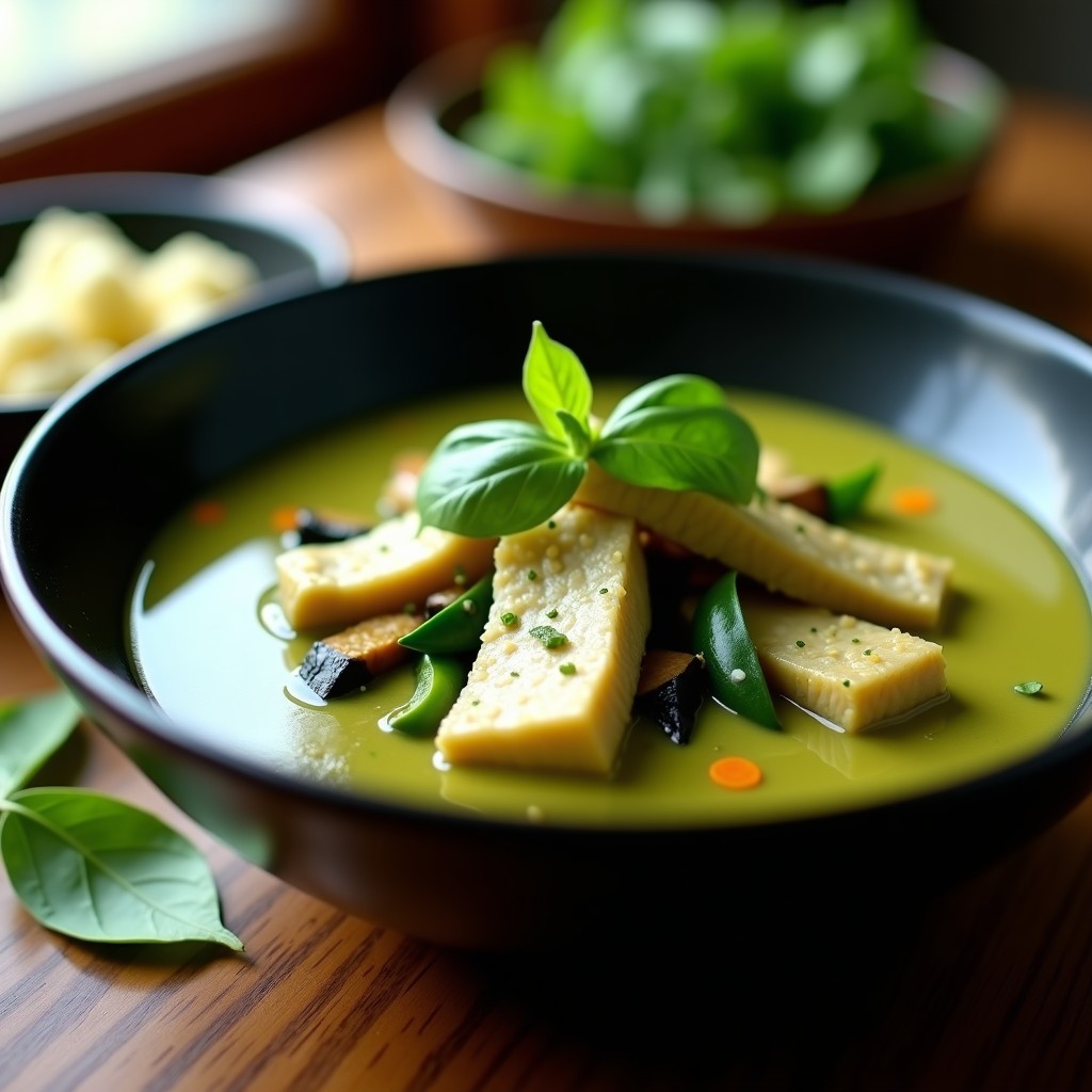 Bowl de cerámica negra con curry verde tailandés cremoso, filetes de merluza cocidos, berenjena, pimiento verde y hojas de albahaca fresca, servido con limón kaffir. Receta low carb y umami.