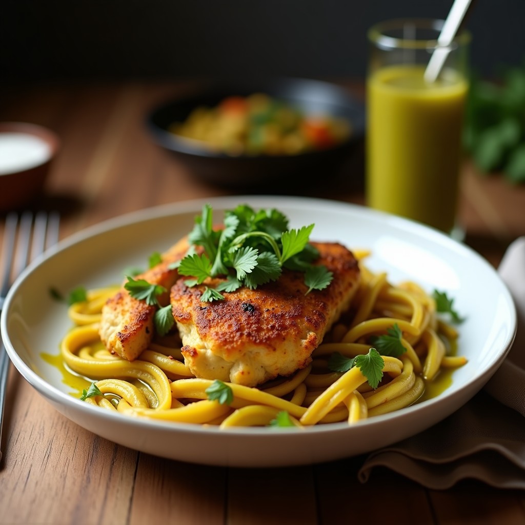 Plato hondo con curry verde tailandés cremoso, trozos de pollo dorado, calabacín, berenjena y pimiento rojo, decorado con hojas de albahaca fresca y un chorrito de leche de coco.