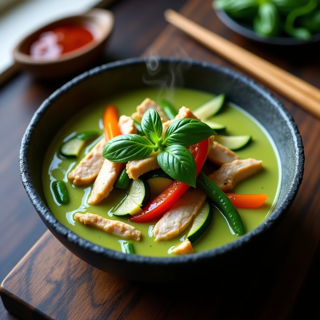 Curry Verde Tailandés Cremoso con Pollo y Verduras Crujientes