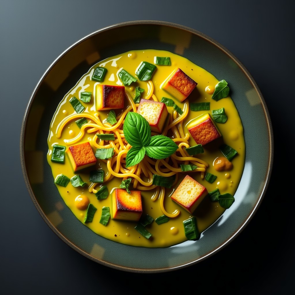 Foto de un plato de Curry Verde Tailandés con verduras y tofu crujiente, listo para ser servido, con ingredientes frescos y aromáticos alrededor.
