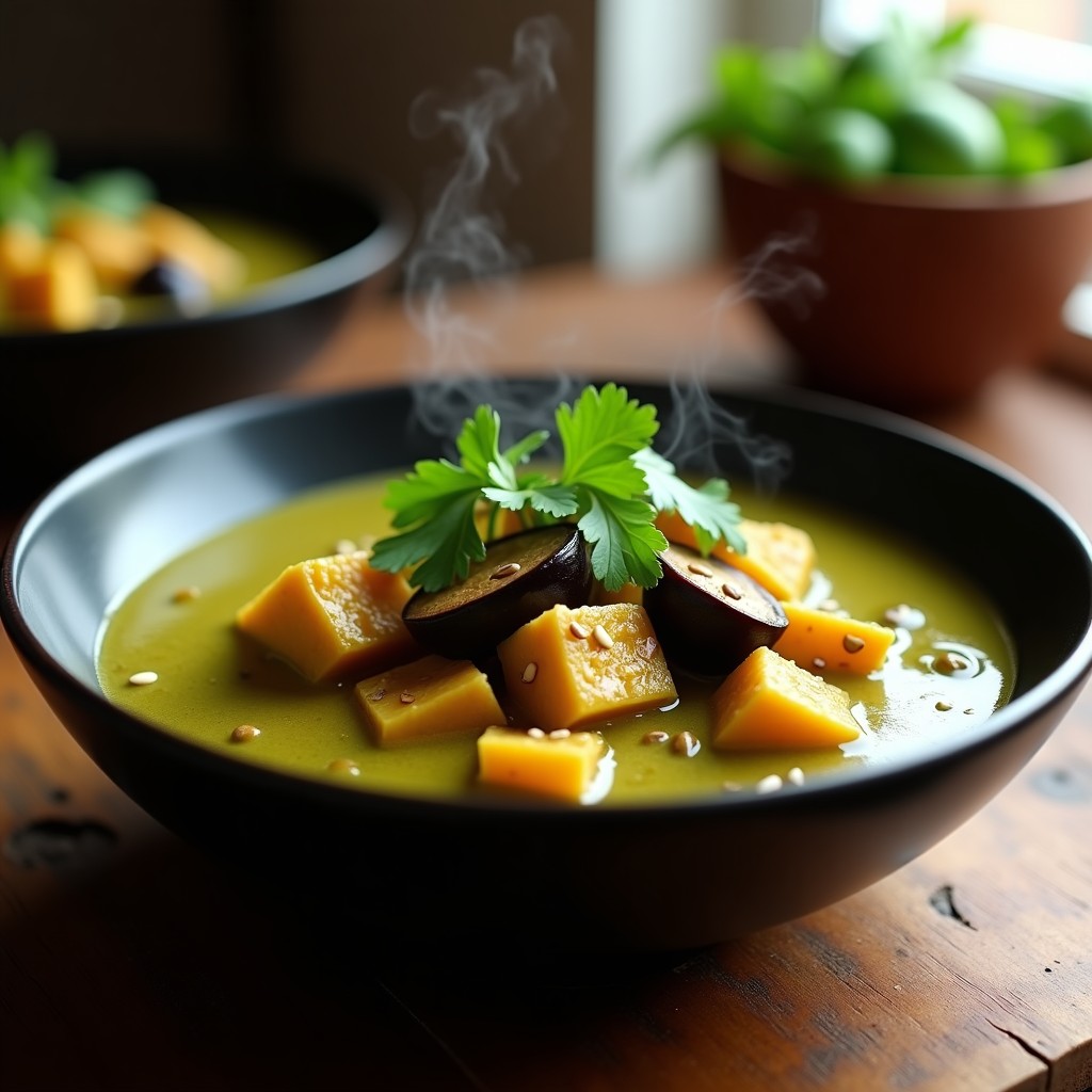 Cuenco hondo de cerámica negra con curry verde tailandés vegano, tempeh dorado en cubos, berenjena tierna y salsa cremosa de coco. Decorado con cilantro fresco y semillas de sésamo, sobre fondo de madera rústica.