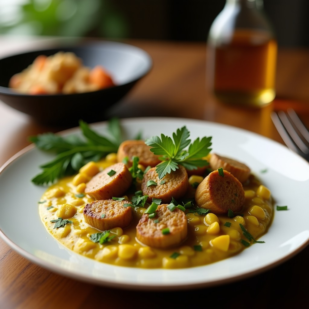 Bol hondo de barro con curry verde tailandés cremoso, trozos de ternera tierna, berenjena, pimiento y cilantro fresco, servido con arroz jazmín blanco.