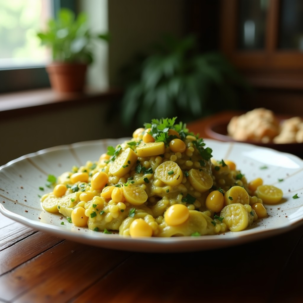 Foto de un plato de Curry Verde Tailandés de Ternera y Berenjena, con ingredientes frescos y aromáticos, lista para ser servida. Curry Verde Tailandés de Ternera y Berenjena