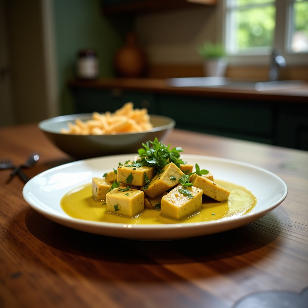 Bowl de cerámica blanca con curry verde tailandés vegano, tofu dorado, verduras coloridas y cacahuetes picados, servido con arroz jazmín y hojas de albahaca fresca.