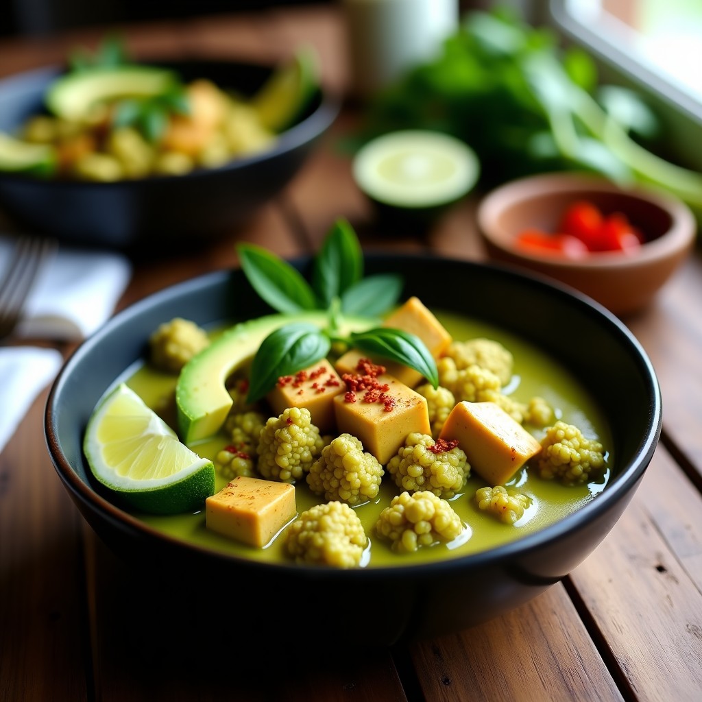 Bol hondo de cerámica negra con curry verde tailandés cremoso, trozos de tofu dorado, coliflor tierna y rodajas de aguacate, decorado con hojas de albahaca fresca.