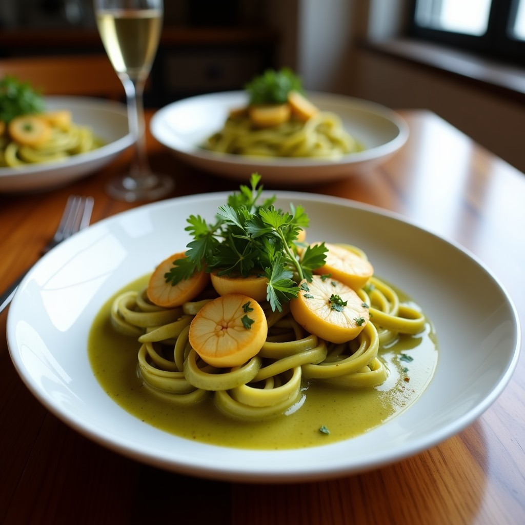 Plato de curry verde tailandés con tofu crujiente dorado, berenjena y pimiento rojo en salsa cremosa de leche de coco, decorado con albahaca tailandesa fresca.