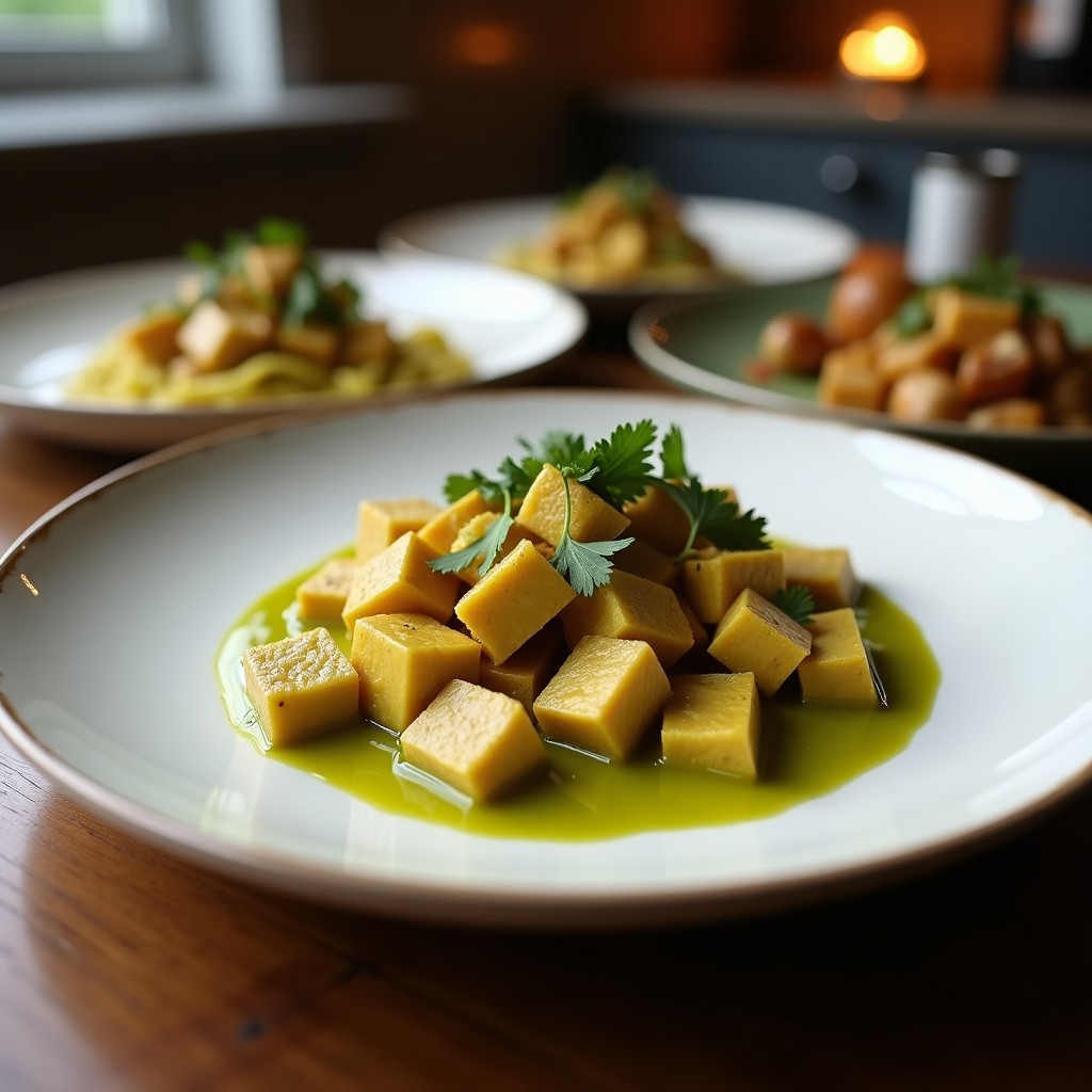 Wok de hierro fundido con curry verde tailandés cremoso, tofu dorado en cubos, tiras de lechuga romana y pimiento rojo, decorado con hojas de albahaca fresca y rodajas de limón, sobre fondo de madera rústica.