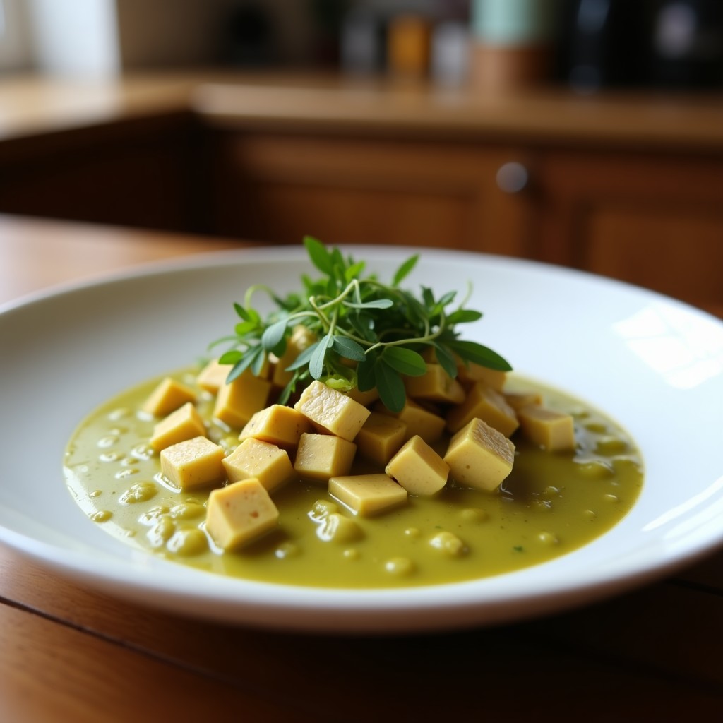 Plato hondo con curry verde tailandés cremoso, tofu dorado en cubos, pimientos rojos y hojas de albahaca tailandesa, acompañado de arroz jazmín.