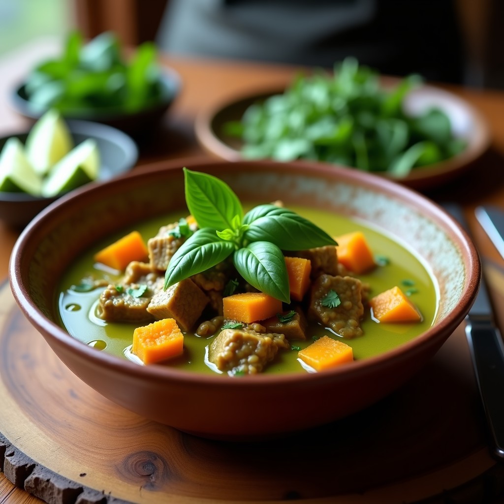 Plato hondo de barro con curry verde tailandés, trozos de ternera dorada, batata asada y salsa cremosa verde espesa, decorado con hojas de albahaca fresca y rodajas de limón.