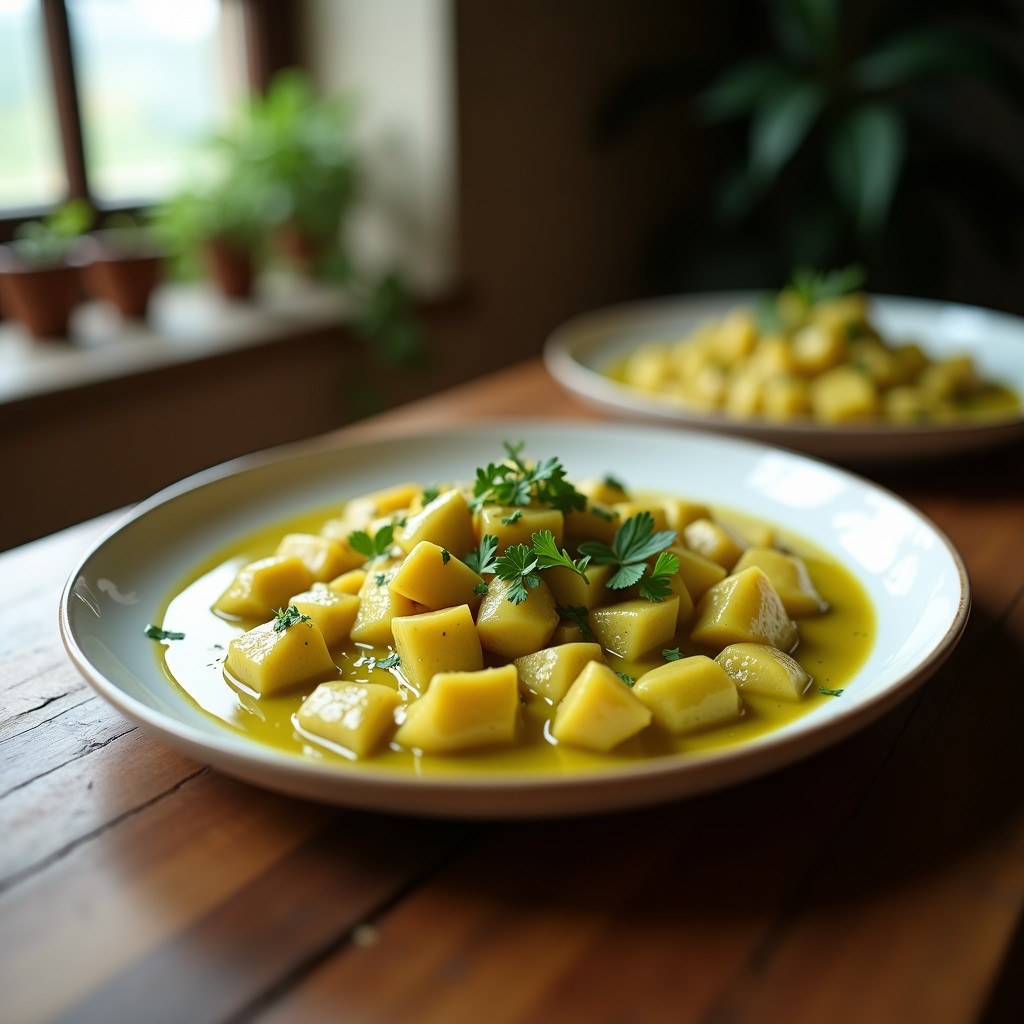 Foto de un curry verde cremoso de ternera y berenjena en un plato, con ingredientes frescos alrededor. Curry verde tailandés