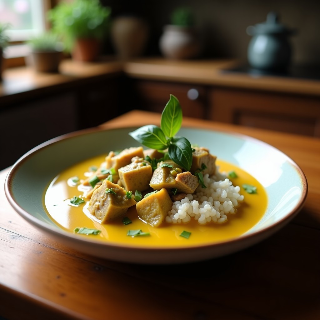 Bol hondo de cerámica negra con curry verde tailandés cremoso, trozos de ternera tierna, calabacín, berenjena y pimiento rojo, decorado con hojas de albahaca fresca y una cucharada de leche de coco. Acompañado de arroz jazmín blanco.
