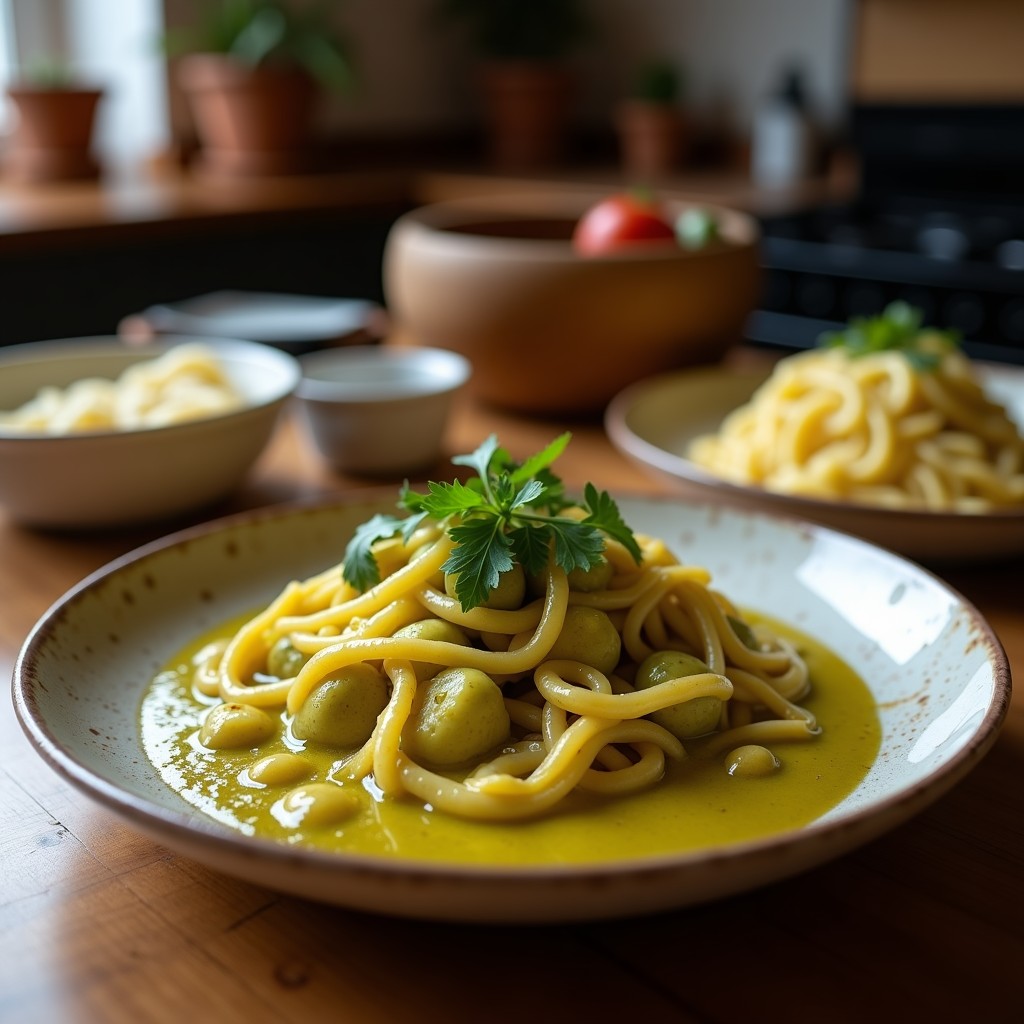 Plato hondo de cerámica oscura con curry verde de ternera en salsa cremosa, trozos de ternera tierna, berenjena y pimiento, decorado con hojas de albahaca tailandesa y rodajas de lima.