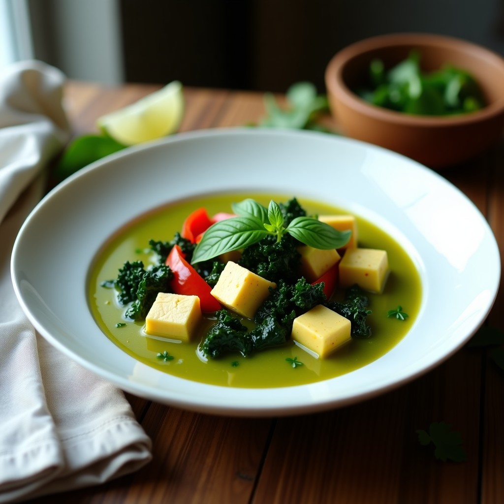Plato hondo de cerámica blanca con curry verde cremoso, trozos de tofu sedoso, hojas de kale brillante y decoración de cilantro fresco y albahaca tailandesa, receta olla express.