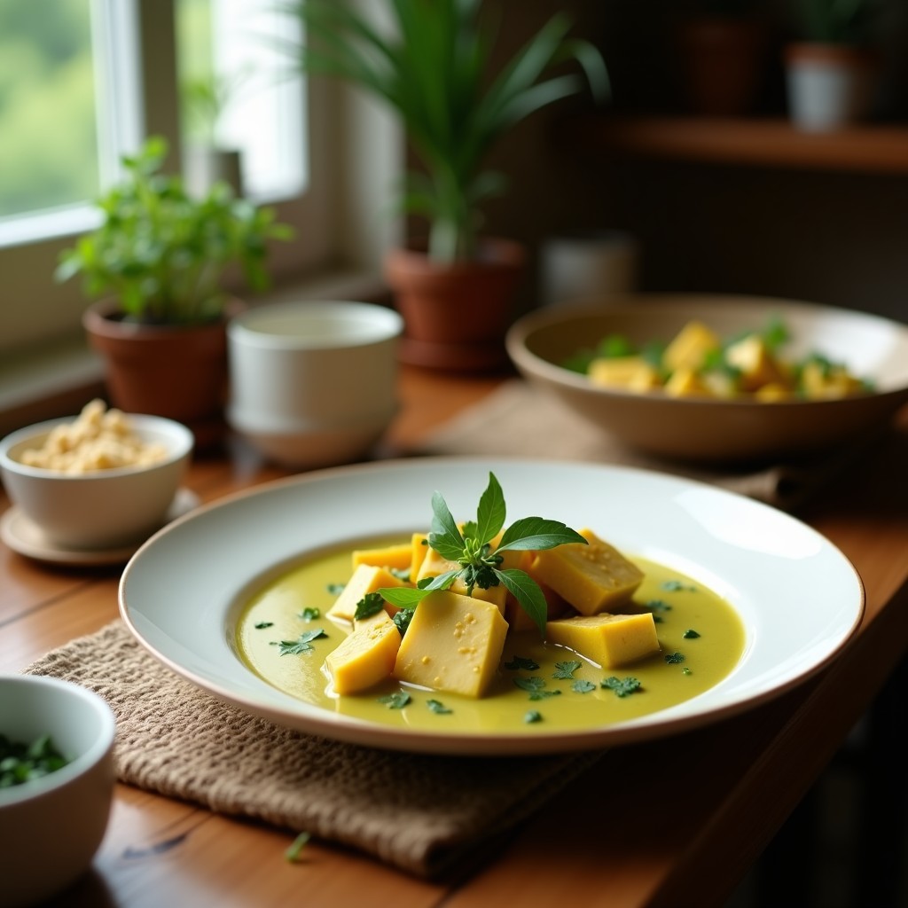 Foto de un plato de curry verde vegano con berenjena y tofu crujiente, servido con arroz jazmín, con un fondo de madera y hierbas frescas