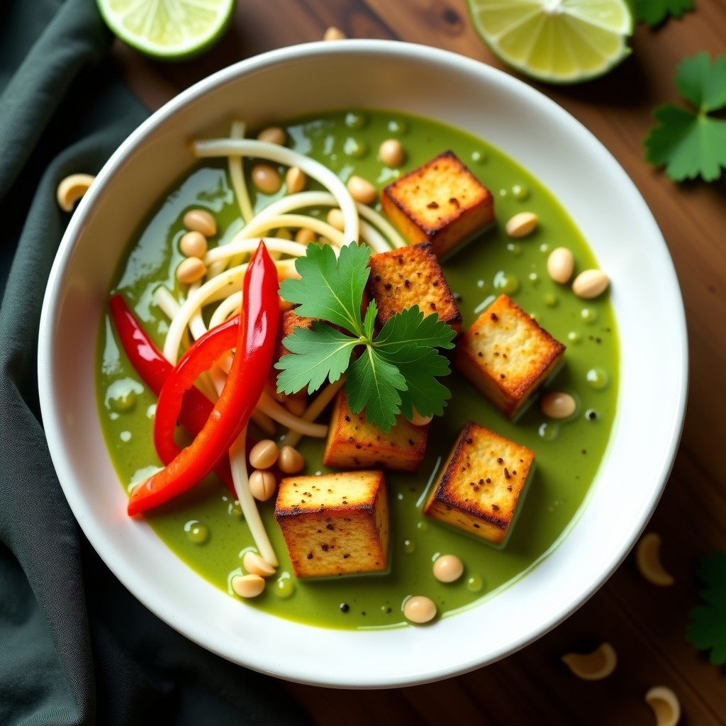 Plato hondo de cerámica blanca con curry verde vegano cremoso, tofu dorado en cubos, pimientos rojos y brotes de soja, decorado con cilantro fresco y maní tostado. Receta en airfryer sin aceite.