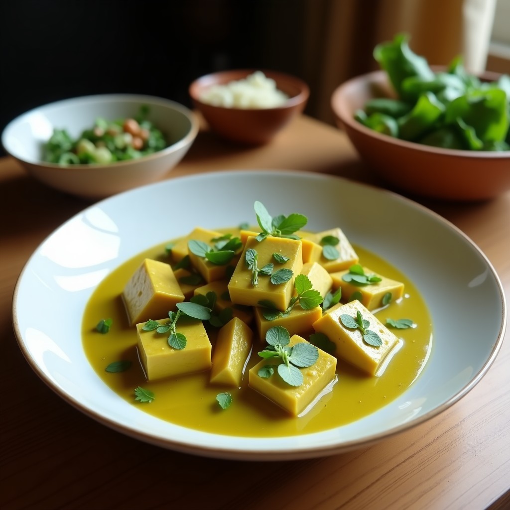 Bowl de curry verde vegano con tofu dorado, berenjena asada y salsa cremosa de leche de coco, decorado con albahaca tailandesa y cilantro fresco, receta tailandesa tradicional.