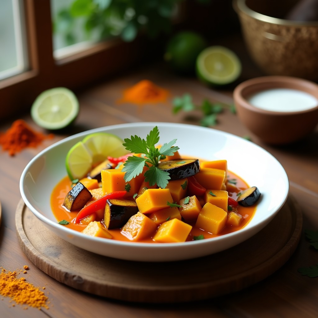 Curry de verduras vegano en airfryer, con calabaza butternut, berenjena y pimiento rojo bañados en salsa de curry rojo cremosa, decorado con cilantro fresco y rodajas de limón.