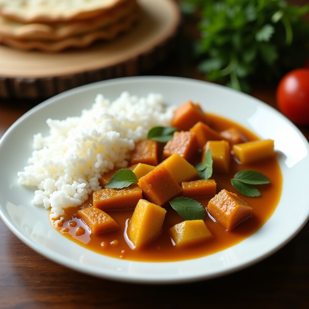 Plato de curry de verduras y coco en airfryer, con calabaza, berenjena y garbanzos bañados en salsa cremosa de leche de coco y curry rojo, decorado con cilantro fresco.